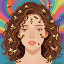 a colorful vibrant closeup portrait of a simple caucasian woman made of bees with curly mid length brown hair with a calm afraid aesthetic face broken reflections dreamy vibes and dreaming psychedelic hair, by kawase hasui, moebius, edward hopper and james gilleard, zdzislaw beksinski, steven outram colorful flat surreal design, hd, 8 k, artstation