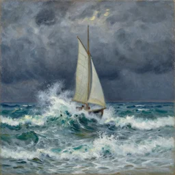 an impressionist painting depicts waves crashing against a sailboat on rough seas below dark and stormy clouds