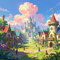 a medieval steampunk fantasy town square, vibrant colors, castle in the distance, sunny day with big colorful clouds, final fantasy 1 2, flora, vines creeping up the buildings, gigantic trees, god rays, bloom, cinematic lighting, by yoshitaka amano, by ruan jia, by conrad roset, by mucha, by bouguereau, cgsociety, artstation.