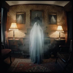 kodak portra 4 0 0, wetplate, 8 mm extreme fisheye, award - winning portrait by britt marling, a haunting ghost in a 1 8 5 0 s room, ghost, picture frames, shining lamps, dust, smoke, 1 8 5 0 s furniture, wallpaper, carpet, books, muted colours, wood, fog,