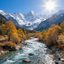 a photorealistic portrait, stunningly beautiful colorful fantasy landscape, professionally retouched, soft lighting, hyper realistic, hyper detailed river, snow covered mountains, deciduous trees, beautifully detailed bright blue sky, big sun, wide angle, sharp focus, 8 k high definition, 6 4 megapixels, insanely detailed, stunningly beautiful