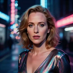 A hyper realistic and detailed head portrait photography of Gillian Anderson in iridescent dress on a futuristic street. by Annie Leibovitz. Neo noir style. Cinematic. neon lights glow in the background. Cinestill 800T film. Lens flare. Helios 44m