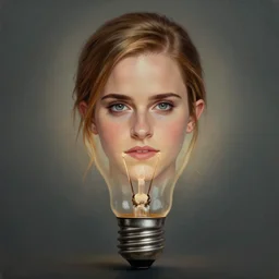 a wide angle painting of emma watson face is in a lightbulb, realistic, cinematic