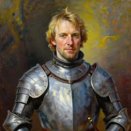 portrait of Terry Pratchett as a knight, colourful by Thomas Kinkade, detailed, beautiful composition, oil painting