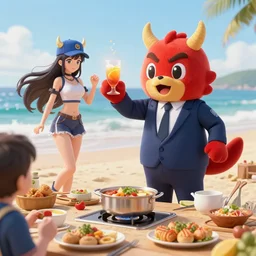 4 5 mm 1 9 8 7 cooking food photography of an corporate mascot at a beach summoning an anime demon girl, photography by tyler mitchell johfra bosschart