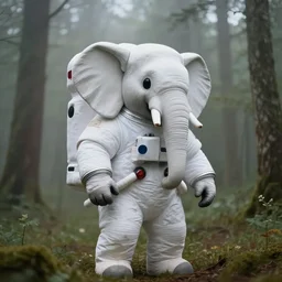 giant astronaut elephant in white spacesuit as astronaut in the woods, foggy mood, overcast bokeh - c 5