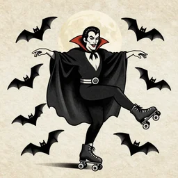 dracula dancing on roller skates surrounded by bats and a full moon in the style of american traditional tattoo