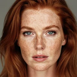 photograph of a woman taken by annie leibovitz, red hair, freckles, lots of freckles