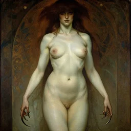 dark sensual cryptid woman, sharp claws, curvy body, by alma tadema, by mucha