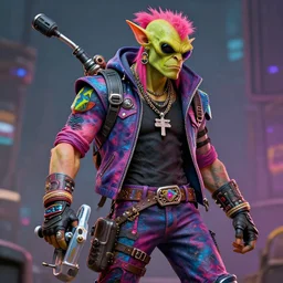 scifi post apocalyptic orcish biker, psychedelic vibrant colors, punk rock fashion, character design, by michael whelan art, sharp focus, realistic, highly detailed, 8 k