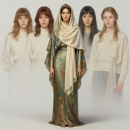 hyper - realistic detailed full body portrait of woman with hijab by alphonse mucha, ayami kojima, amano, charlie bowater, karol bak, greg hildebrandt, jean delville, pablo picasso and mark brooks, art nouveau, neo - gothic, gothic, iridescent deep colors