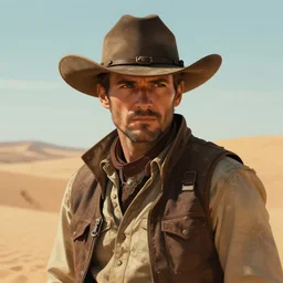 character portrait of post - apocalyptic desert ranger, cowboy, stetson, short stubble, illustration by glenn fabry