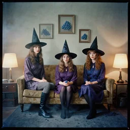 fujifilm velvia 5 0, wetplate, award - winning colour portrait : occult dadcore wizards and momcore witches vacation in a 1 9 6 0 s room, 1 9 6 0 s couch, blueberry, square picture frames, haze, concrete, shining lamps, 1 9 6 0 s metal furniture, smoke, fog