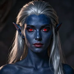 color portrait of an attractive dark elf female (dark blue-gray skin with silver hair and red eyes), Greg rutkowski, Trending artstation, cinematográfica, digital Art