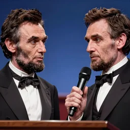 close up high resolution photograph of Abraham Lincoln debating Stephen Douglas during a 1968 talk show debate