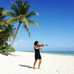 violinist on the beach white sand blue sky tropical palm trees wallpaper 8 k instagram photography travel viral by annie leibovitz