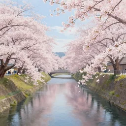 cherry blossom and the kamo river, kyoto, japan. volumetric lighting, ( dew ), spring morning, clear weather, very few clouds, realistic illustration, perfectly shaded, soft painting, art by krenz cushart and wenjun lin