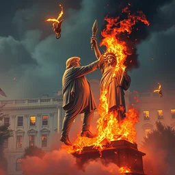 trump beating up statue of liberty as whitehouse burns, fire, fog, anime, comic, insane details, intricate, elite, ornate, elegant trend, highly detailed and intricate, sharp focus, photography, unreal engine, trending on artstation, photorealistic, octane, hyper detailed, trending on deviantart