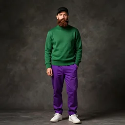 a man with a chin - style brown beard without mustache in a black cap, green turtleneck, purple pants and white sneakers in full height, perfect face