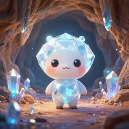 a cute diamond creature in a giant cave with glowing crystals, 3 d render