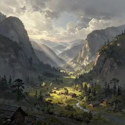 book illustration of epic landscape valley with small wooden village. Atmospheric beautiful by Eddie mendoza and Craig Mullins. volumetric lights volumetric lights