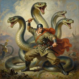 a beautiful painting of a brave soldier fighting with Three head giant snake