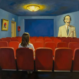 lone girl waiting inside a 70s cinema, stanley kubrick the shinning, american gothic, vibrant colors americana, Salvador Dalí interior setting, cinematic, volumetric lighting, ultra wide angle view, realistic, detailed painting in the style of Edward Hopper and René Magritte