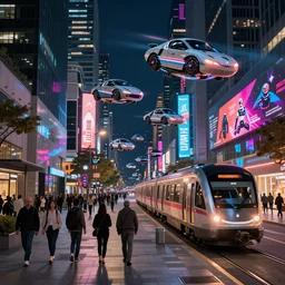 street view of the city at night by cyril rolando and naomi okubo and dan mumford and zaha hadid. robots. flying cars. advertisements. neon. night train.