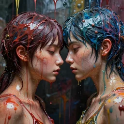 stuck to you like glue, two human souls together, stuck, glue dripping souls, extremely detailed, insanely detailed and intricate, high detail, dripping glue with paint background, depth field, unreal engine, deep focus, movie still, dramatic lighting, ray tracing, by michal karcz and yoshitaka amano, 4 k concept art and hyper realism