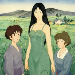 vintage cinematic 7 0 s watercolor by bruce pennington and by mary cicely barker, dramatic portrait of the nature goddess concept - art by yoshitaka amano, craig russel art, japanese woodblock, mother nature is apart of the lush plains and hills of the world by makoto kobayashi and by studio ghibli, jinbi shanshui