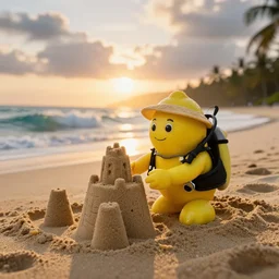 5 0 mm photograph, of a real anthropomorphic lemon character, with lemon skin texture, it is wearing a hat and scuba diving suit, building a sandcastle on the beach at sunset, beach, huge waves, sun, clouds, tropical trees, rim light, cinematic photography, professional, sand, sandcastle, volumetric lightening