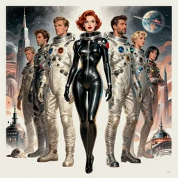 5 0 s pulp scifi fantasy illustration full body portrait elegant woman wearing latex spacesuit in venusian city, by norman rockwell, roberto ferri, daniel gerhartz, jack kirby, earle bergey, ruan jia, jason fabok, tom lovell, alex malveda, dean cornwell, astounding stories, amazing, fantasy, other worlds
