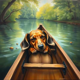 a brown dachshund sleeping in a long wooden canoe, detailed painting, weiner dog, oil on canvas, adorable, beautiful environment, wide angle shot