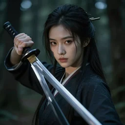 beautiful girl in dark forest with a katana sword, character concept style trending on artstation, detailed face, concept art, detailed, octane render cinematic, photo-realistic, 8k, high detailed