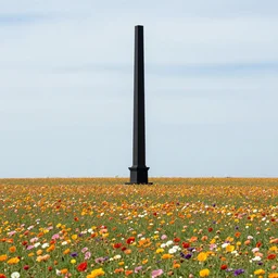 A very tall black column stands in the middle of an infinite plain covered with colorful flowers