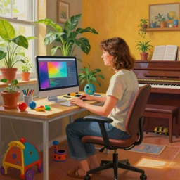 gouache portrait of a woman with brown hair programming a computer, photograph of the whole room, colorful computer screen, home office with plants, colorful kid toys all over the floor, piano in the background, cosy, serene, morning light, very detailed, vivid colors, solid color background, steampunk