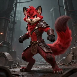 * tail * a handsome weasel bandit furry red - and - black male fursona animal betailed character, leather armor, smirking, mid - action pose on a gritty industrial background by peder balke, dark industrial fantasy, furry art, deviantart contest winner, tumblr contest winner, a furry's fursona has a ^ tail * tail *