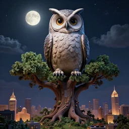 elaborate, giant, massive, detailed, 3 d owl woman, in a 3 d tree, dark, night sky with stars, clouds and glowing moon, cinematic, 3 d designed city, 4 k by'eva cremers'and'lesley barnes'and'jordan coelho'and wes anderson and james jean