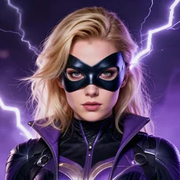 character concept portrait, head-on centralized, super-hero girl with a domino mask, blond, black and violet costume. Detailed, high quality, dynamic lightning, fantasy. Artwork by artgerm, WLOP, alex ross, greg rutknowski, Alphonse Mucha