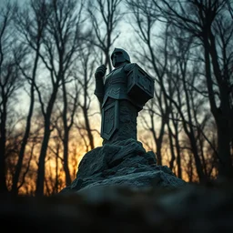 a rock structure in the shape of a knight, long lens, dof, background of trees, dramatic evening lighting, art by norman rockwell and ruan jia