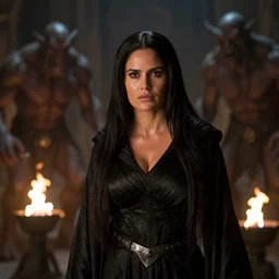 epic photo of salma hayek as beautiful wizard wearing a black satin robe and metal belt in lord of the rings with long straight black hair, she is battling terrifying monstrous orcs in the mines of moria, sweaty, detailed eyes, neutral expression, shallow depth of field, photorealistic, cinematic lighting, lovely bokeh, low light, dungeon setting, dark moody light, movie quality, fire light, flames, lord of the rings 1 9 8 5, movie still - w 8 3 2
