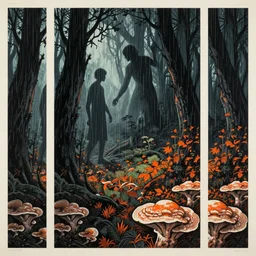 ancient beings, by gediminas pranckevicius, dark shadows, woodblock, complementary - colors, tremella - mesenterica, poster, polished, enlightenment, rain, autumn, by james gilleard, a touch of beksinski