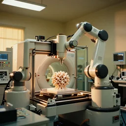 a complex bifurcated robotic cnc surgical arm hybrid mri 3 d printer machine making organic ceramic mandlebulb forms in the glass room laboratory with control panels, golden hour, film still from the movie directed by denis villeneuve with art direction by salvador dali, wide lens, f 3 2, golden hour,