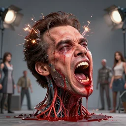uhd hyperdetailed pauly shore head exploding, puking blood, screaming, with sparking circuits, nerves visible, studio lighting, by ayami kojima amano karol bak, greg hildebrandt and mark brooks