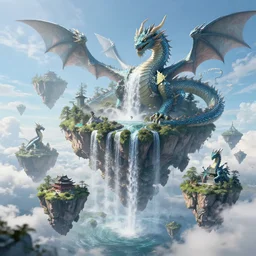 islands floating in the sky with waterfalls and dragons, digital art, aesthetic, astonishing detail