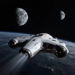 battlestar gallactica, spaceship, dynamic perspective, moody, realistic, near a moon, cinematic, photography, studio lighting