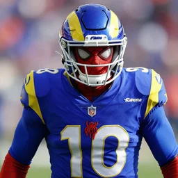 a closeup photorealistic photograph of a spider man themed la rams football player. professional capture. bright scene. this 4 k hd image is trending on artstation, featured on behance, well - rendered, extra crisp, features intricate detail, epic composition and the style of unreal engine.