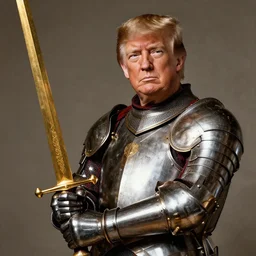 donald trump, donald trump wearing knights armor, holding a big golden broadsword, by hans holdein, donald trumps handsome face