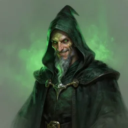 half - length portrait, necromancer smiling. green lighting. fantasy, digital painting, hd, detailed.