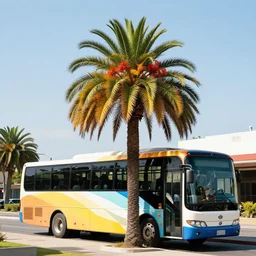 a rainbow palm tree growing out of a bus